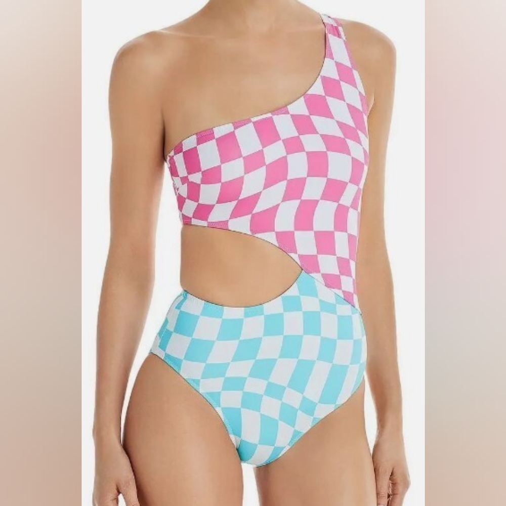 Pink and Blue Asymmetrical One Piece Swimsuit